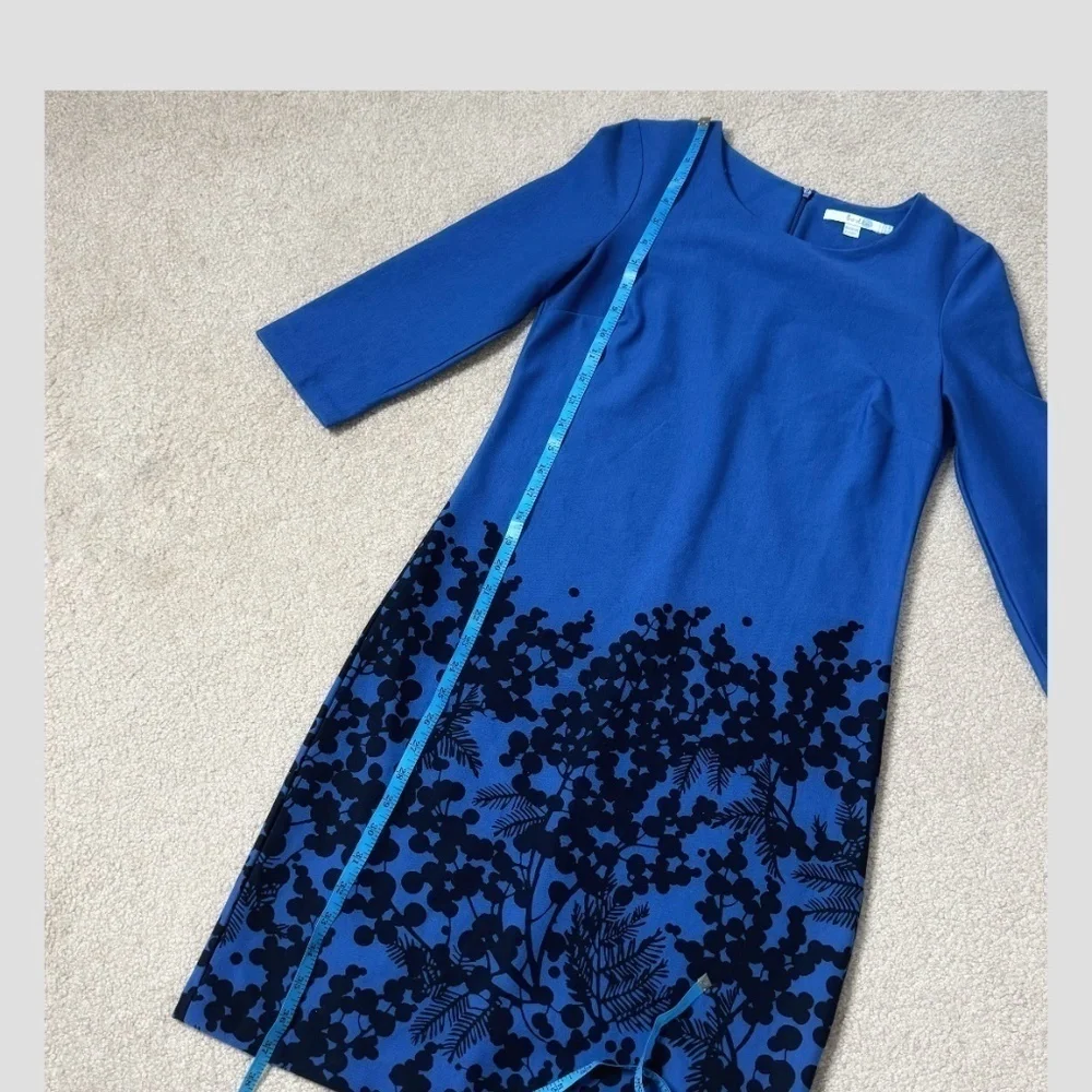Boden Sheath Dress Stretch Ponte Fabric Blue Black Print 3/4 Sleeve Zip Back